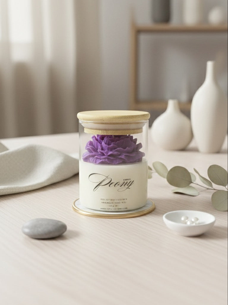 Божур от соев восък в буркан с дървен капак