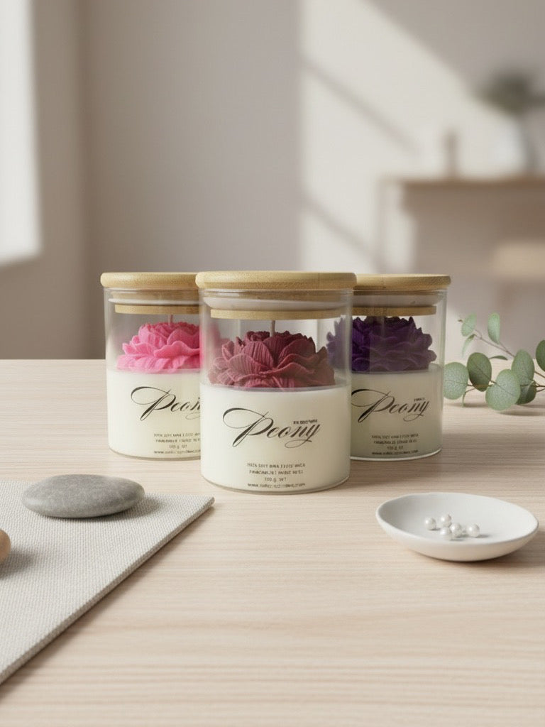 Божур от соев восък в буркан с дървен капак