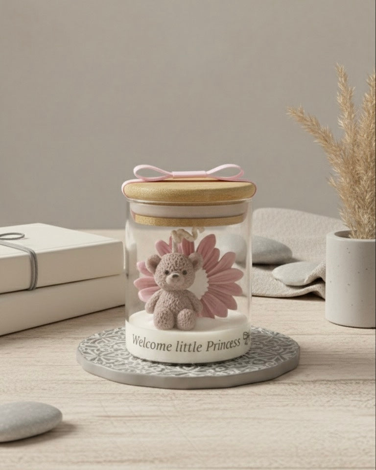 Мече с маргаритка в буркан с дървен капак