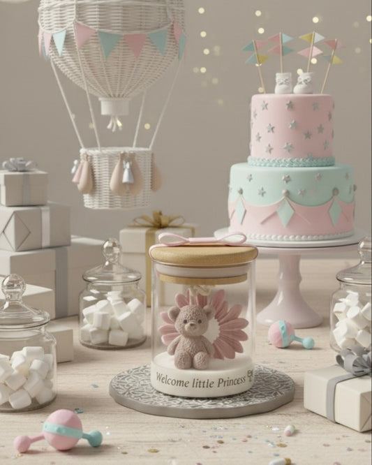 Мече с маргаритка в буркан с дървен капак