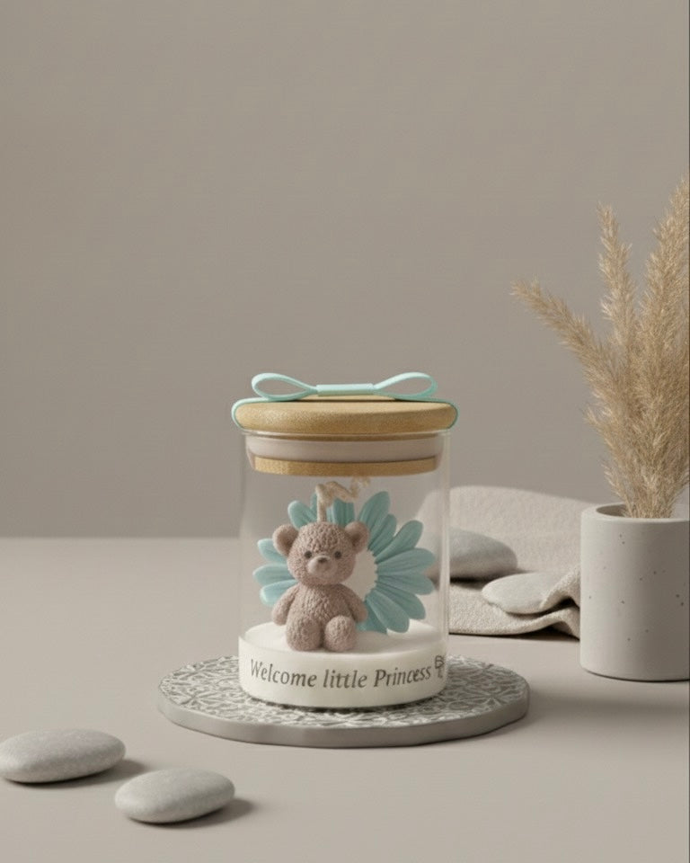 Мече с маргаритка в буркан с дървен капак