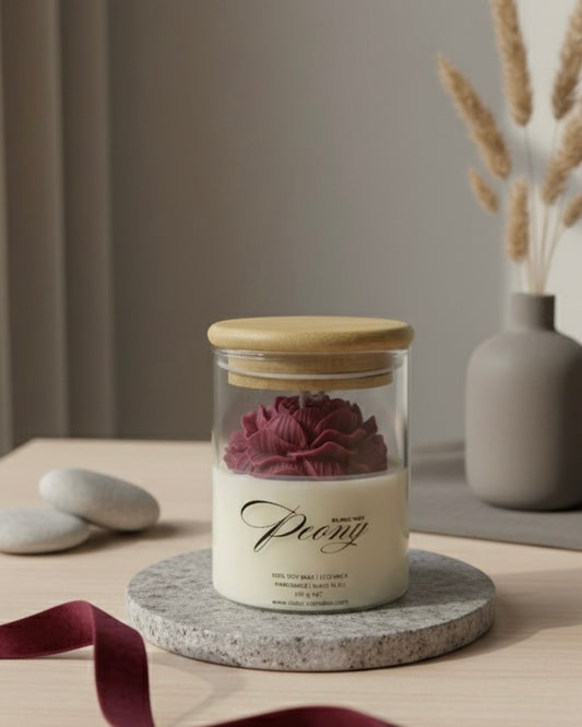 Божур от соев восък в буркан с дървен капак