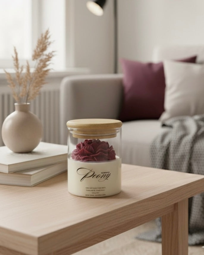 Божур от соев восък в буркан с дървен капак