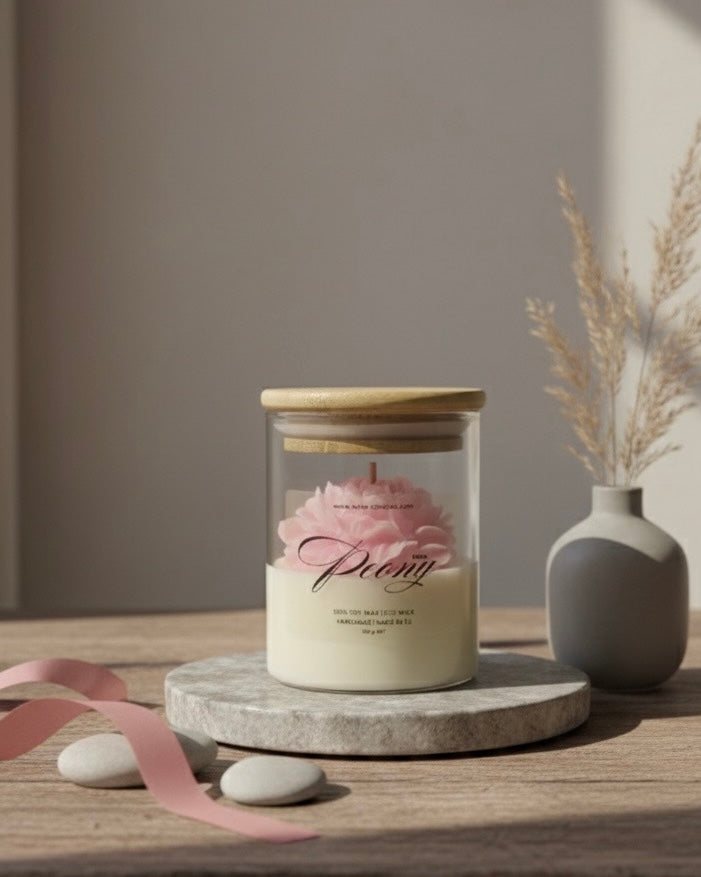 Божур от соев восък в буркан с дървен капак