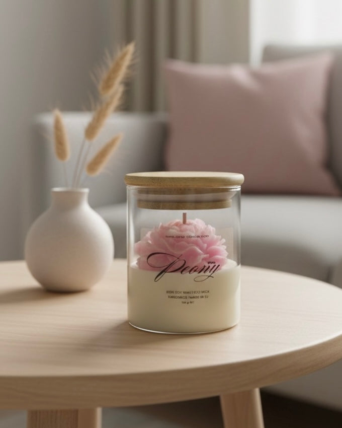 Божур от соев восък в буркан с дървен капак