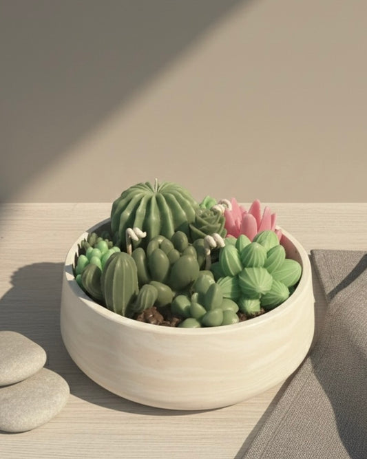 Кактуси от соев восък в керамична купа