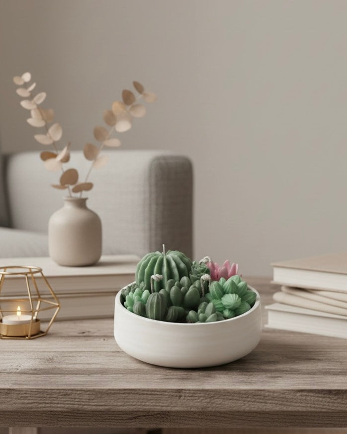 Кактуси от соев восък в керамична купа